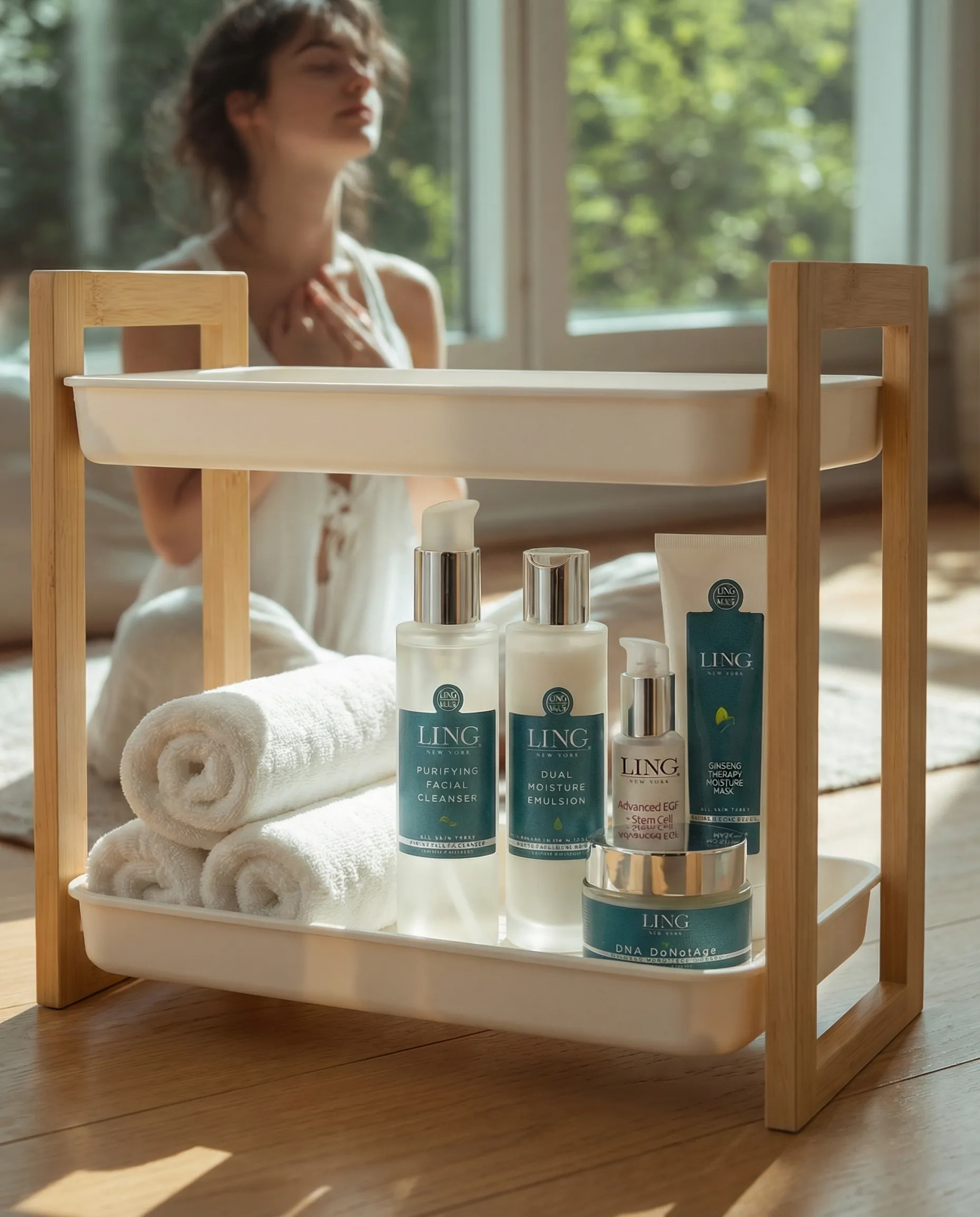 LING skincare and rolled towels on a wooden shelf, with a woman sitting in the sunlight behind it, her hand on her chest