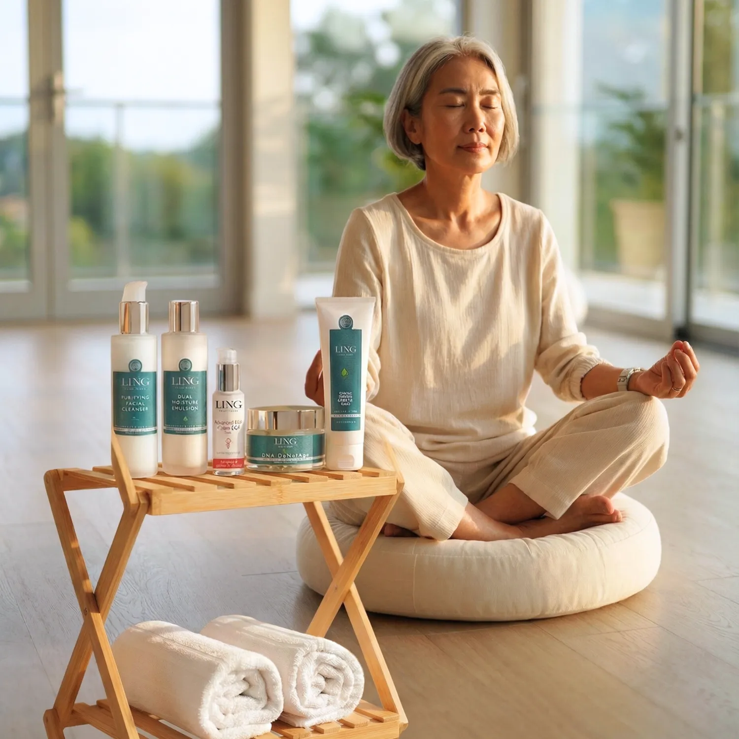 A woman sitting in meditation beside the LING skincare range